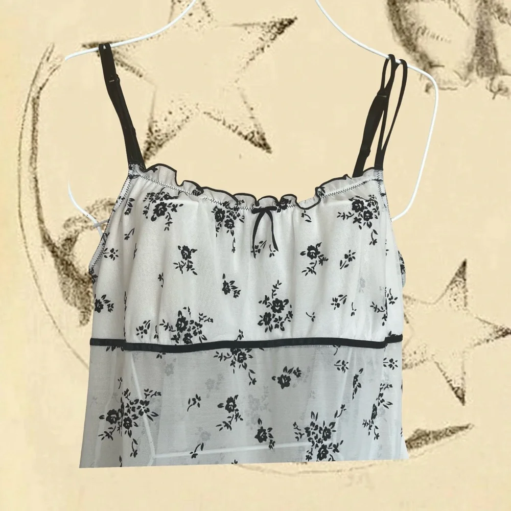 Sheer White Mesh Cami w/ Black Velvet Florals 🖤 - Picture 5 of 7
